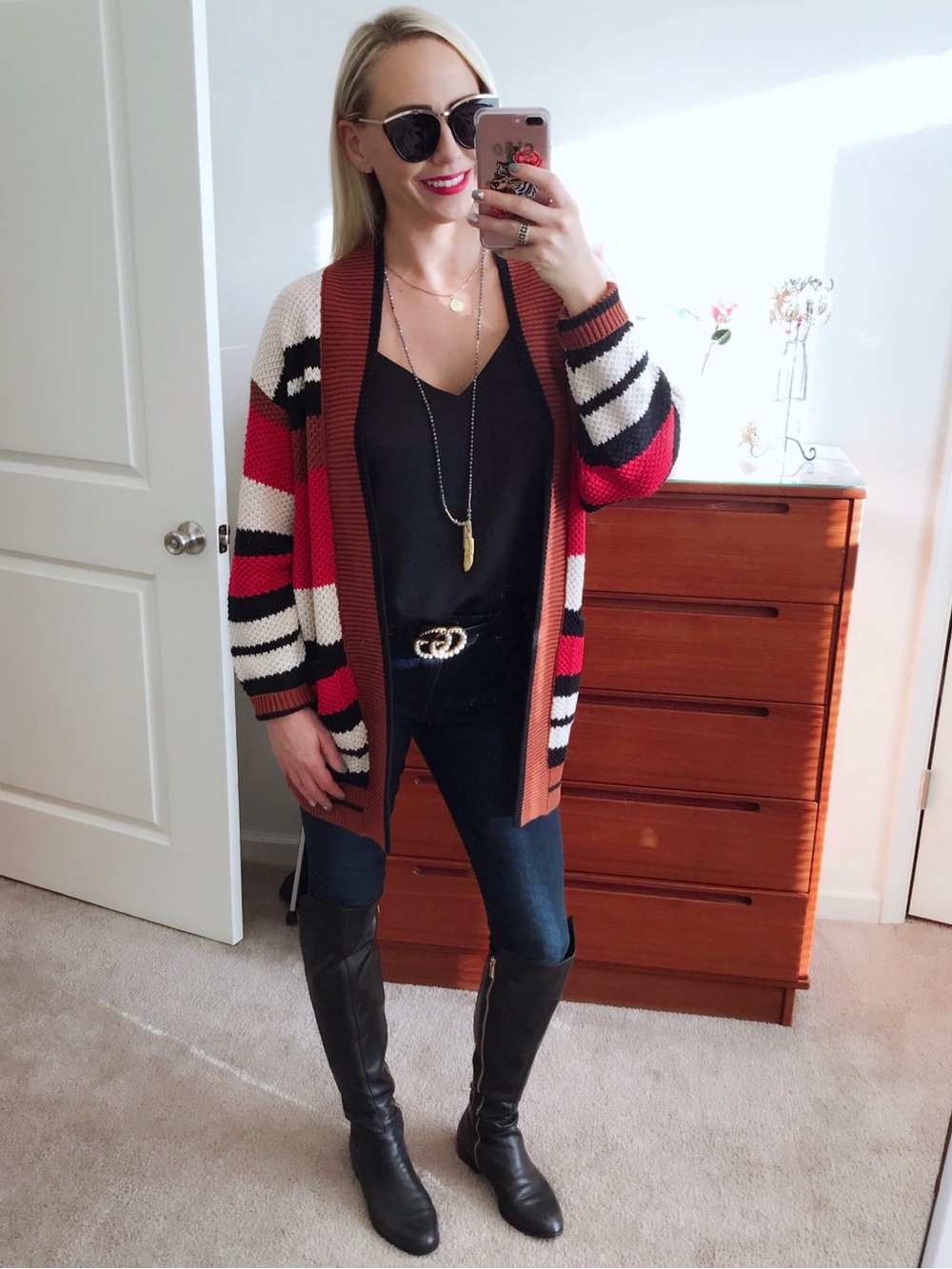 Express Open-Front Striped Cardigan Sweater - Red, Black, White, Rust